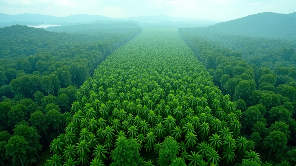 Aerial view comparing dense tropical rainforest next to cleared palm oil plantation landscape