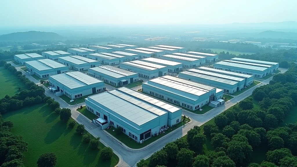 Aerial view of multiple semiconductor manufacturing plants with organized industrial layout and infrastructure