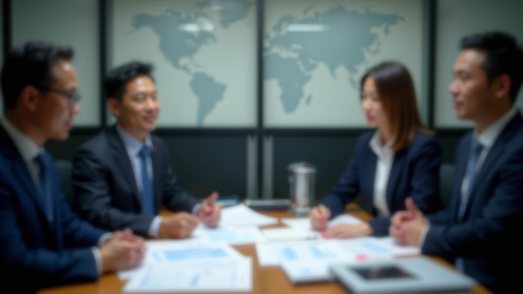 Business meeting with executives reviewing supply chain maps and trade agreement documents