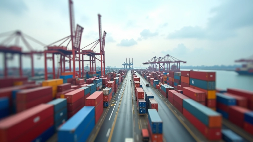 Container ships docked at modern port terminal with cargo containers stacked in rows