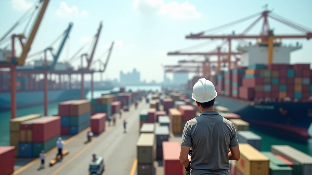 Busy shipping port with cargo vessels loaded with containers and palm oil export crates on dock