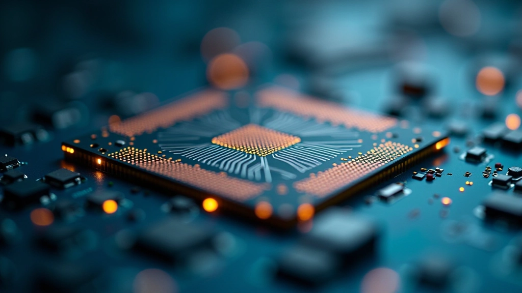 Semiconductor wafer under magnification showing intricate microchip circuitry patterns and connections