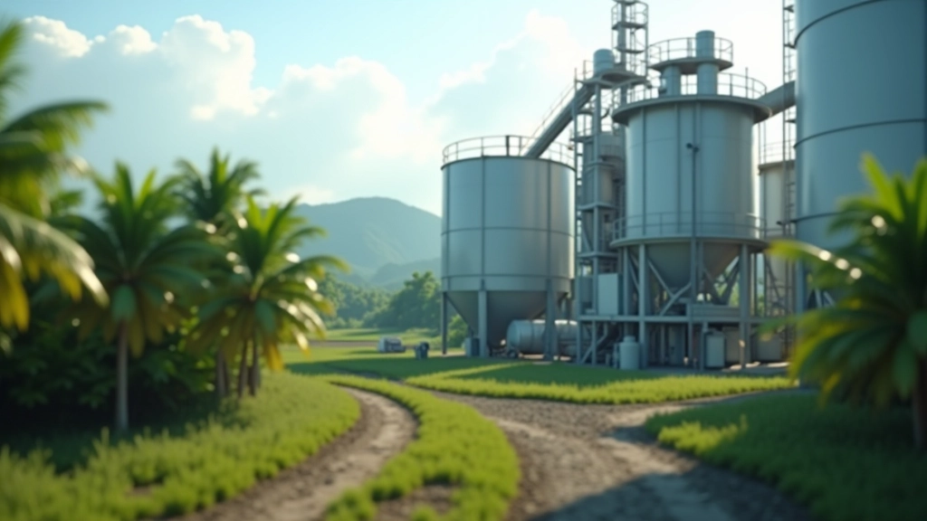 Industrial palm oil processing facility with storage tanks and conveyor systems in modern plantation setting