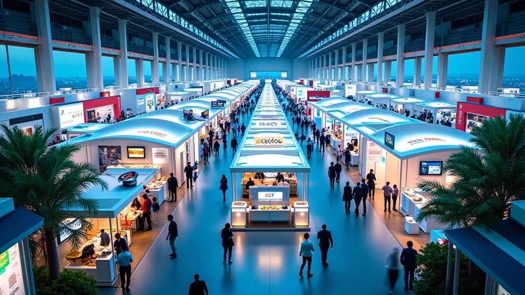 Aerial view of international trade fair showing multiple country pavilions and business networking areas