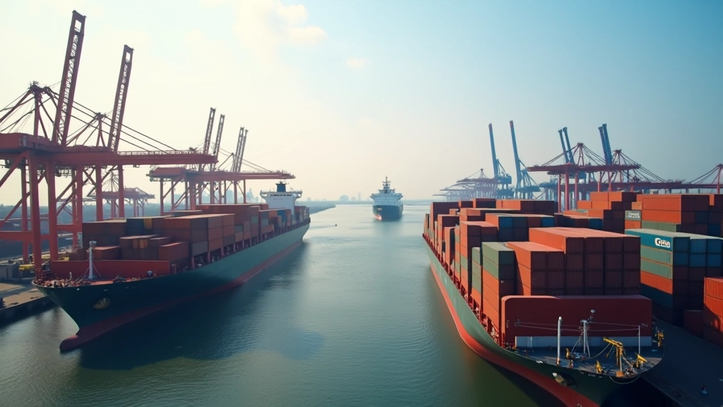 Modern port facility in Malaysia showing container ships and cargo handling equipment during busy afternoon operations