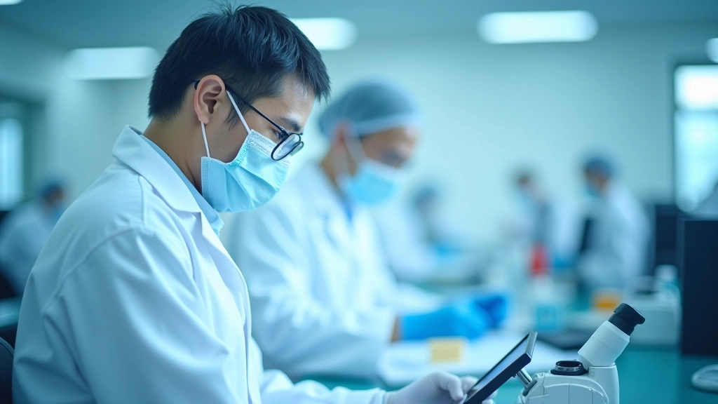 Modern research laboratory with scientists examining samples and equipment for palm oil product development