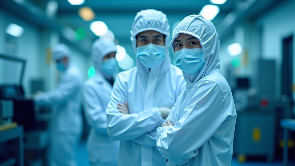 Modern semiconductor manufacturing facility interior with clean room technology and industrial equipment