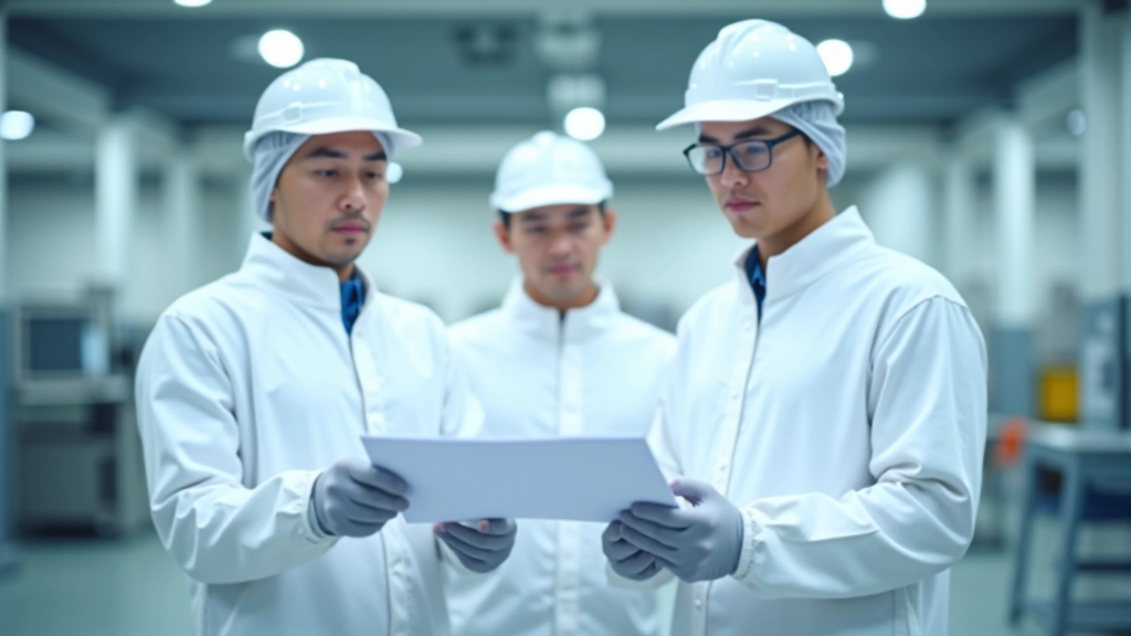 Group of semiconductor engineers and technicians in cleanroom suits reviewing manufacturing processes