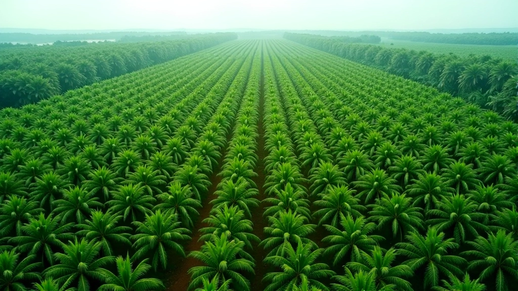Aerial landscape view of palm oil plantation with organized rows of palm trees stretching across rolling terrain in Southeast Asia