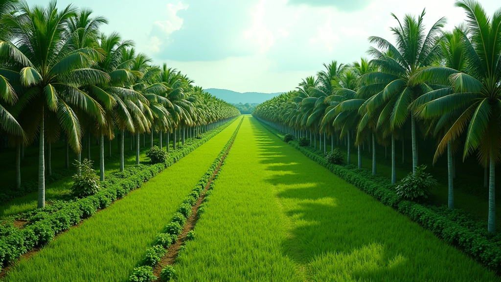 Palm oil plantation rows stretching across landscape with mature palm trees and harvesting equipment visible